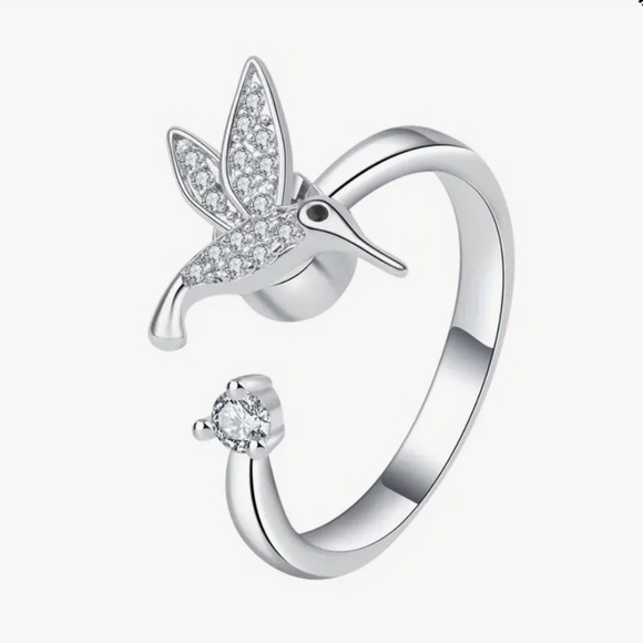 Shimmering Spinning Hummingbird Ring, CZ stones and silver tone, adjustable - Picture 1 of 8